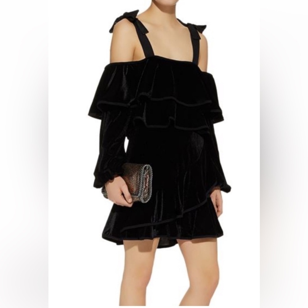 Petersyn Womens Black Velvet Tasha Velvet Ruffle Off-Shoulder Dress Size XS